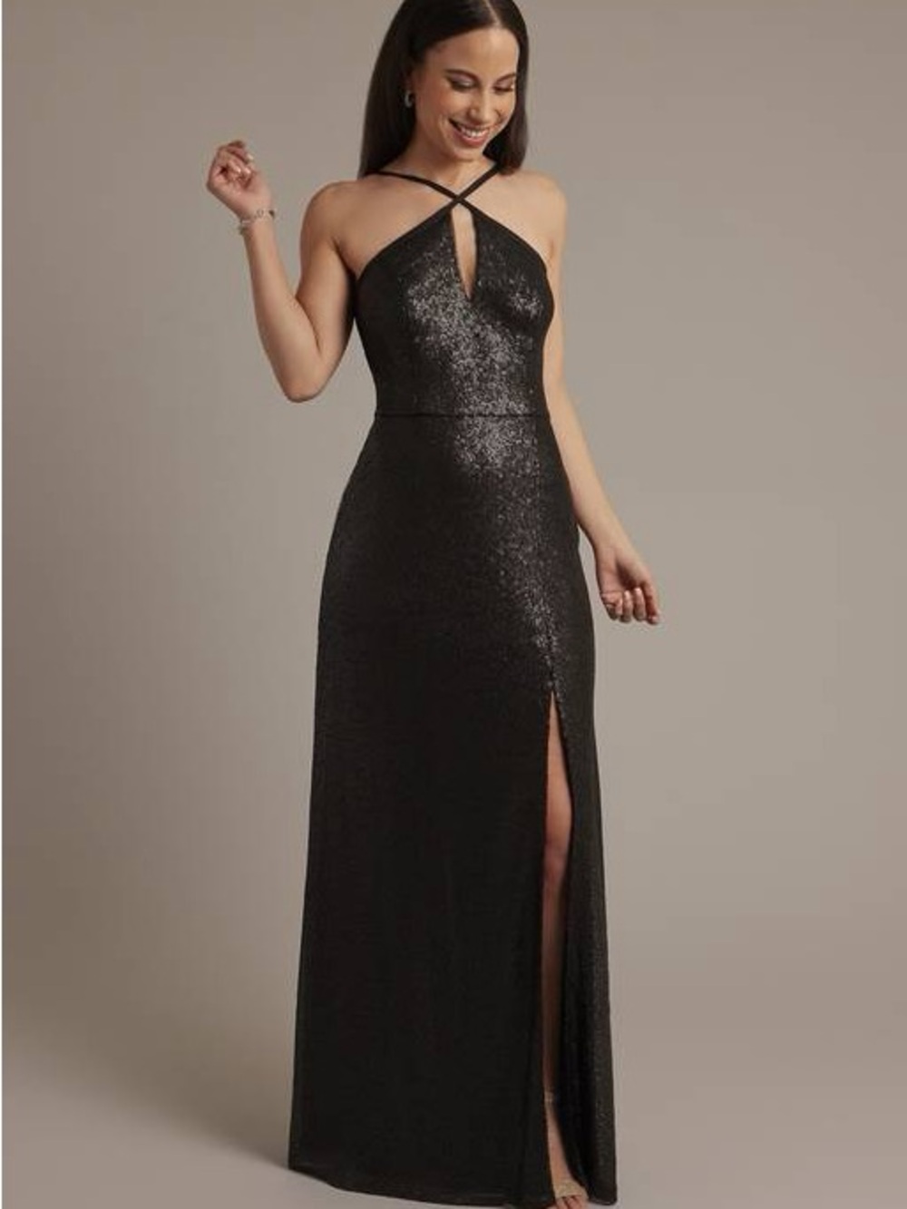 DB STUDIO
High Neck Matte Sequin A-Line Dress